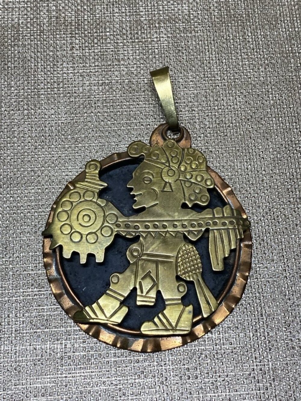 Vintage Mexican Aztec Mayan Style Brass Copper Pendant Mexico Crown Mark 50mm